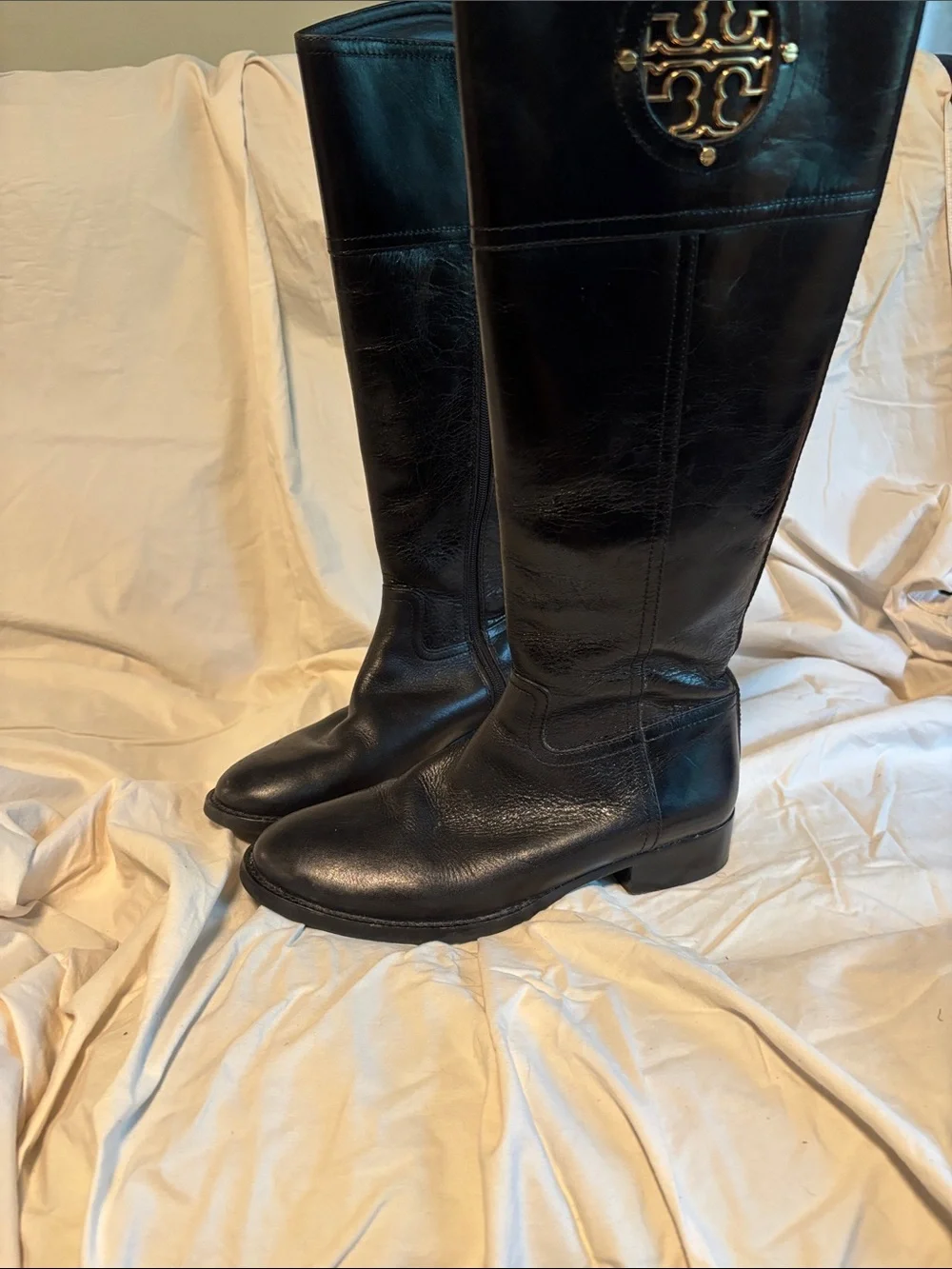 Tory Burch Black Leather Knee-High Zip Boots
